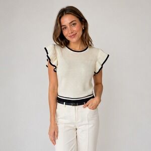 By Design Flounce Sleeves Knit Sweater Blouse Size XL Preppy Classic Neutral